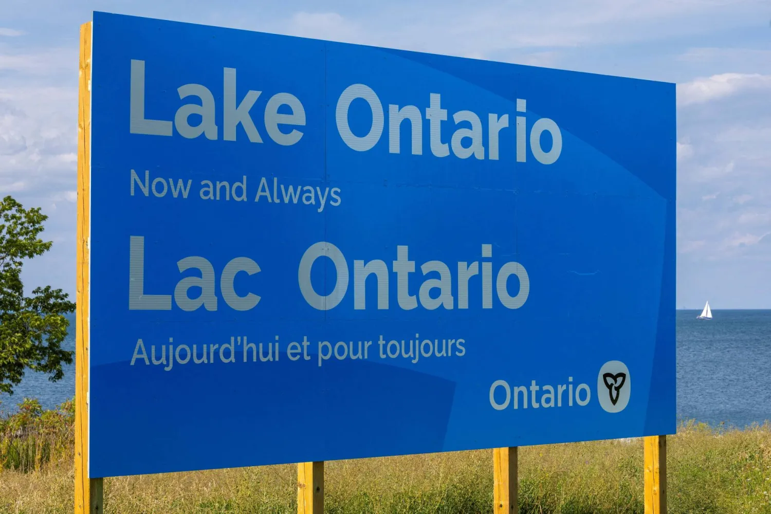 A sign reading "Lake Ontario, Now and Always," unveiled by Ontario Premier Doug Ford at Fifty Point Conservation Area, after US President Donald Trump signed an executive order renaming Lake Ontario as "Lake America," near Grimsby, Ontario, Canada, August 29, 2026. (Reuters)