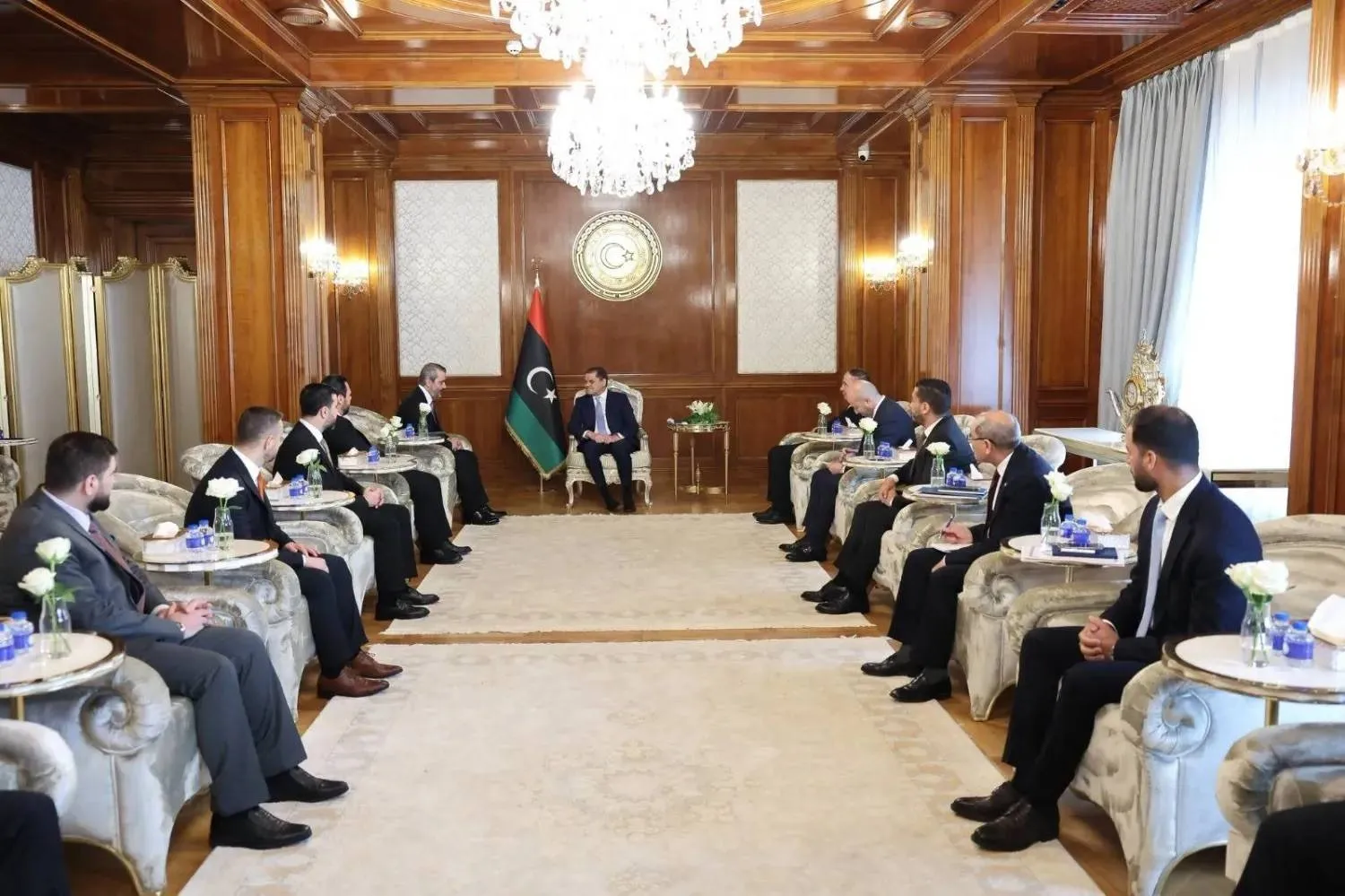Dbeibeh, prime minister of the Government of National Unity, meets Syrian Foreign Minister and Expatriates Asaad al-Shaibani on Sunday. (Dbeibeh’s Office) 