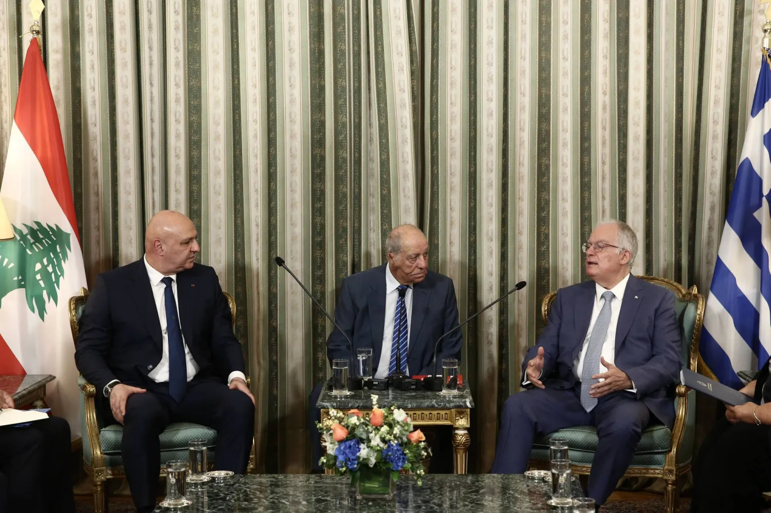 Greek President Konstantinos Tasoulas (R) talks next to Lebanese President Joseph Aoun (L) during their meeting at the Presidential Palace in Athens, Greece, 31 August 2026. (EPA)