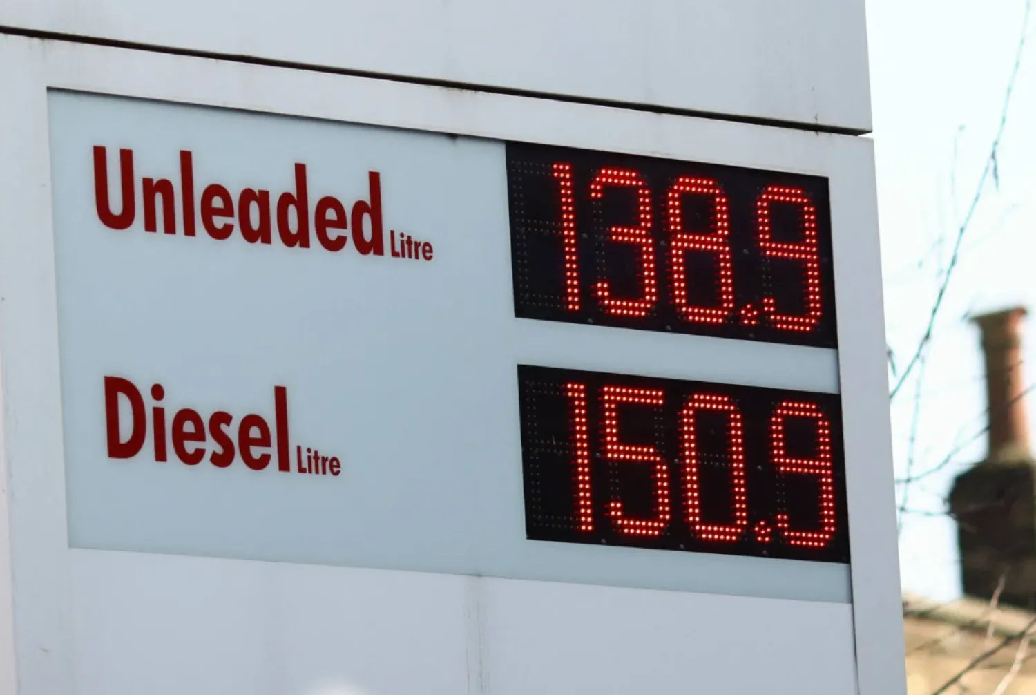 Petrol prices are displayed at a filling station, as the price of oil and gas has surged amid the conflict in the Middle East, in London, Britain, March 5, 2026 REUTERS/Jack Taylor
