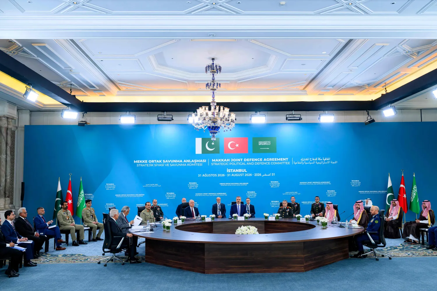 Officials are seen at the first meeting of the Strategic Political and Defense Committee established under the Makkah agreement in Istanbul on Monday. (AFP) 
