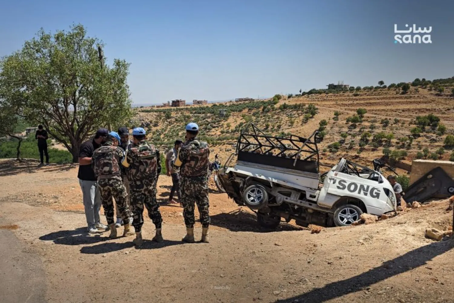 UNDOF personnel visit the site of an Israeli drone strike in Beit Jinn, Damascus countryside, August 22, 2026. (SANA) 