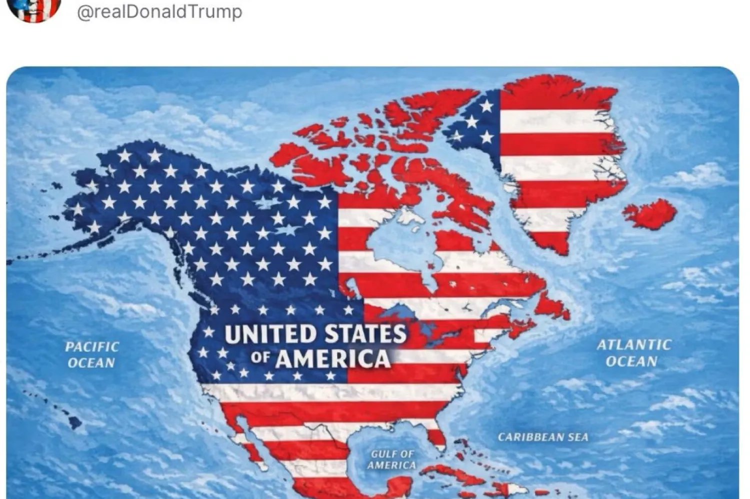 ABD Başkanı Trump, Birleşik Devletler'in Kuzey Amerika'nın tamamını kapsadığını gösteren bir görsel paylaştı. Bu, ABD'nin dünya genelindeki topraklarını yeniden adlandırma veya genişletme yönündeki kışkırtıcı mesajlar zincirinin son halkası (@realDonaldTrump/Truth Social)