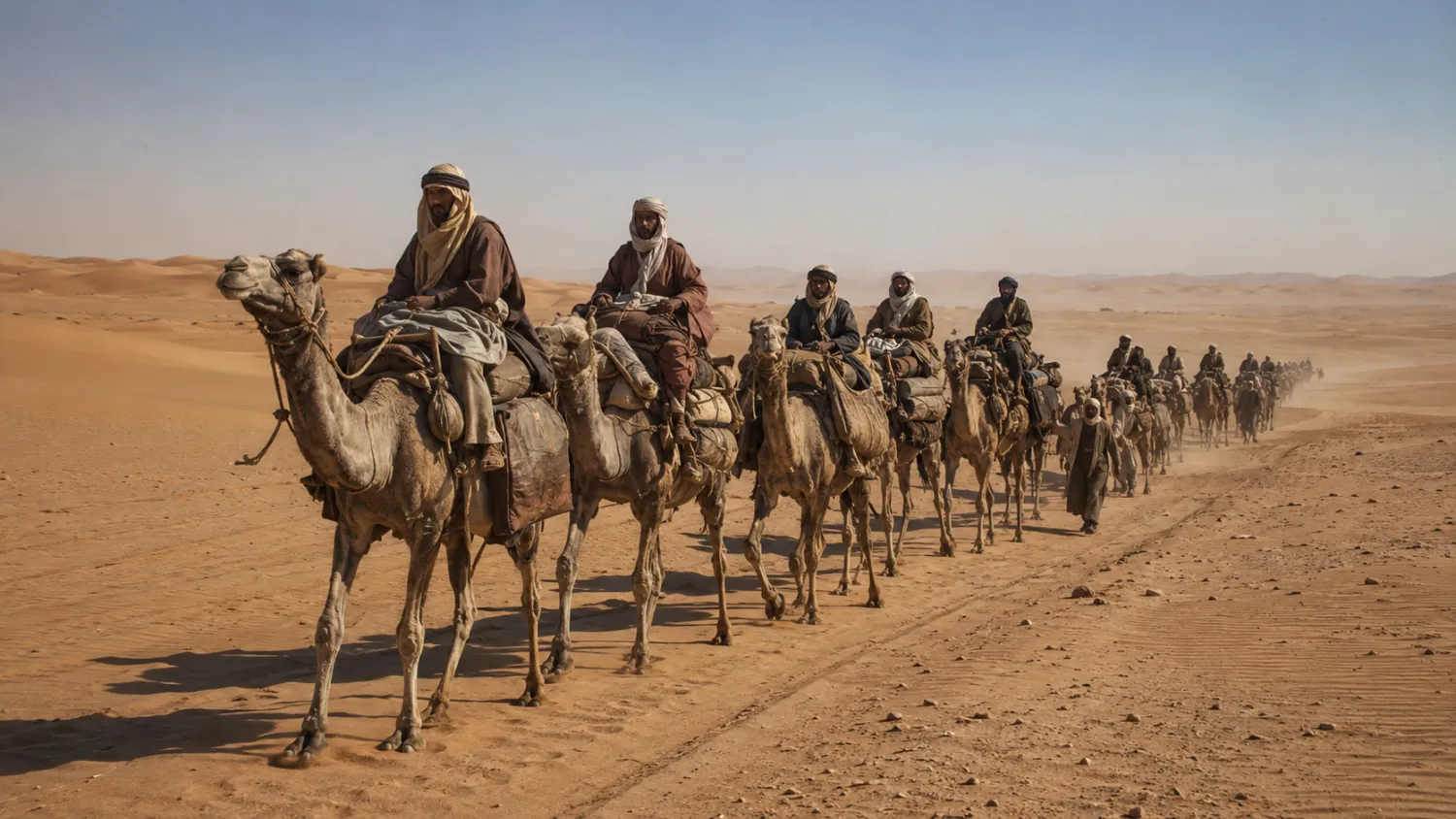 واجه رجال العقيلات وحشة الصحراء وخطر الموت بالتجارة والترحال (صورة مولدة بالذكاء الاصطناعي)