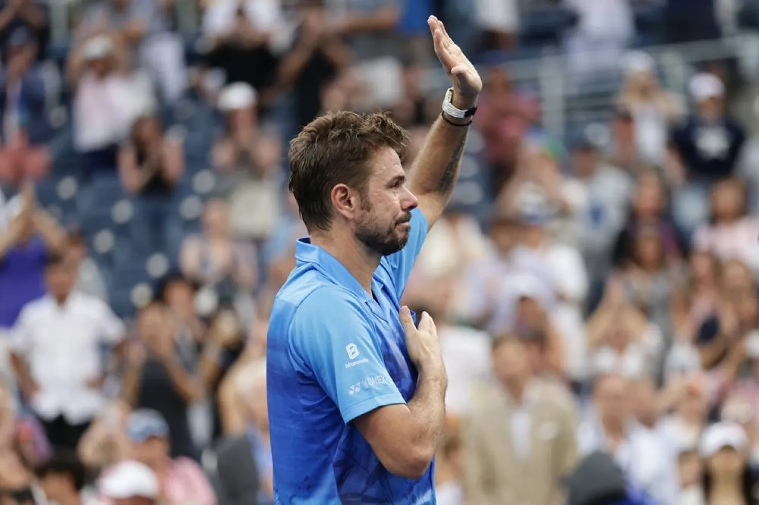 Stan Wawrinka, of Switzerland, gestures after he lost his match to Matteo Berrettini, of Italy, during the first round of the US Open tennis championships Monday, Aug. 31, 2026, in New York. (AP)