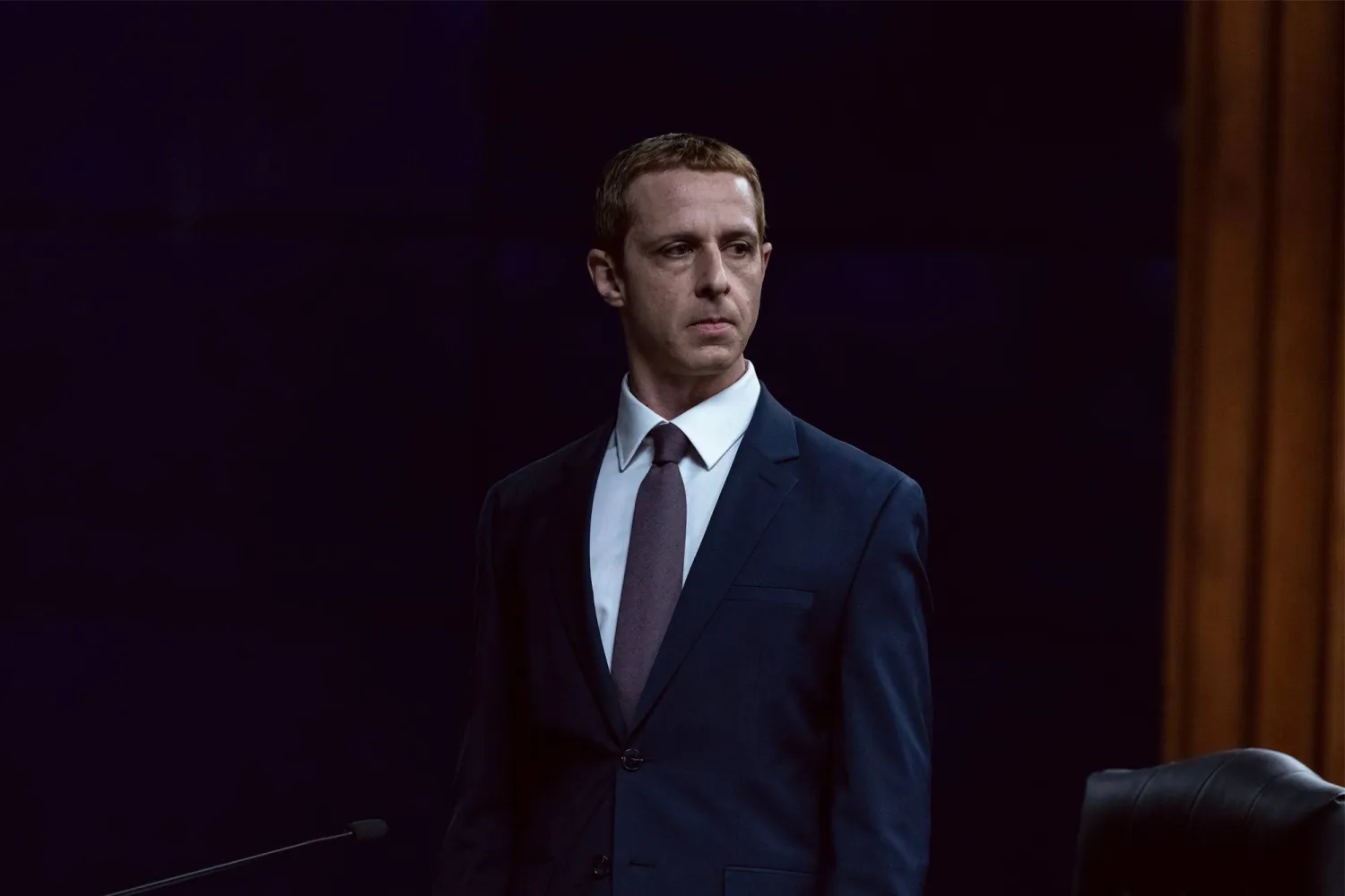  This image released by Sony Pictures shows Jeremy Strong as Mark Zuckerberg, in a scene from “The Social Reckoning.” (Leah Gallo/Sony Pictures via AP) 