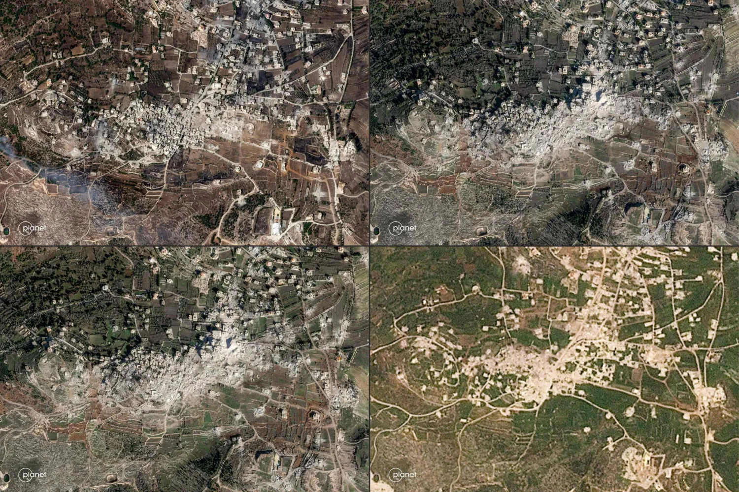 (COMBO) This combination of handout satellite images taken by Planet Labs PBC shows views of the village of Yaroun in southern Lebanon close to the border with Israel on (top L to R followed by bottom L to R) October 5, 2024; January 10, 2025; January 30, 2025; and on May 2, 2026.  (Photo by 2026 Planet Labs PBC / AFP)