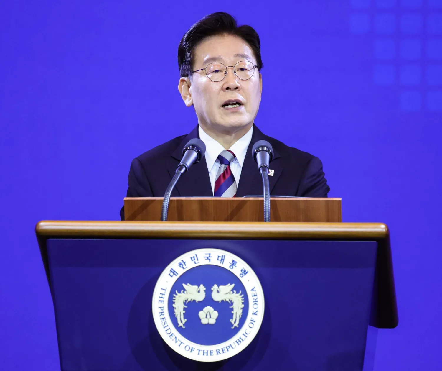 South Korean President Lee Jae Myung speaks during the opening ceremony of the presidential Peaceful Unification Advisory Council's 22nd North and South America Regional Assembly in Incheon, west of Seoul, South Korea, 02 September 2026. (EPA/Yonhap)