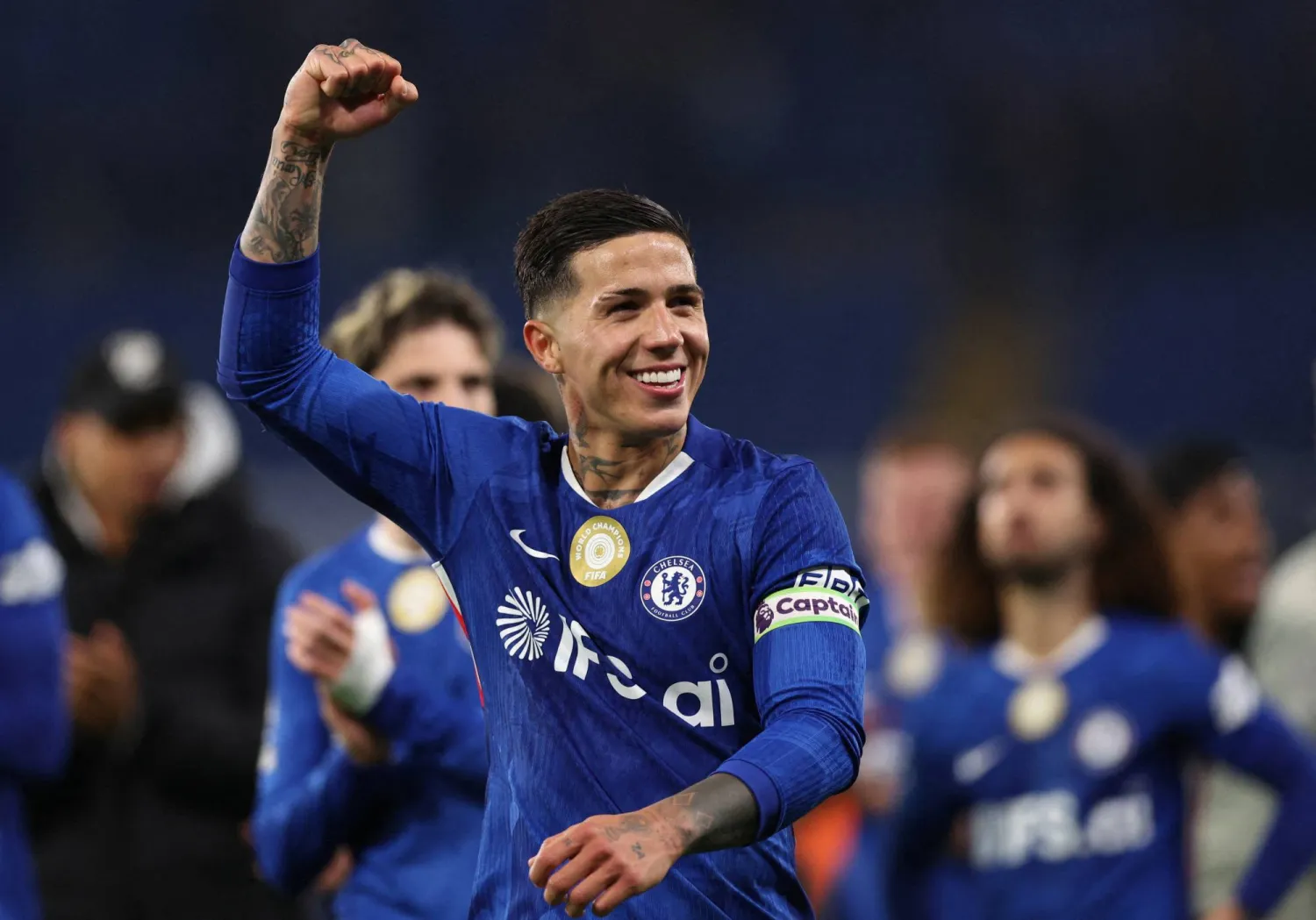 Football - Premier League - Chelsea v Tottenham Hotspur - Stamford Bridge, London, Britain - May 19, 2026 Chelsea's Enzo Fernandez celebrates after the match. (Reuters)