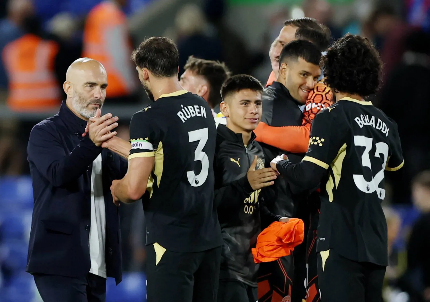 Football - Premier League - Crystal Palace v Manchester City - Selhurst Park, London, Britain - August 28, 2026 Manchester City manager Enzo Maresca and Ruben Dias celebrate after the match. (Reuters)