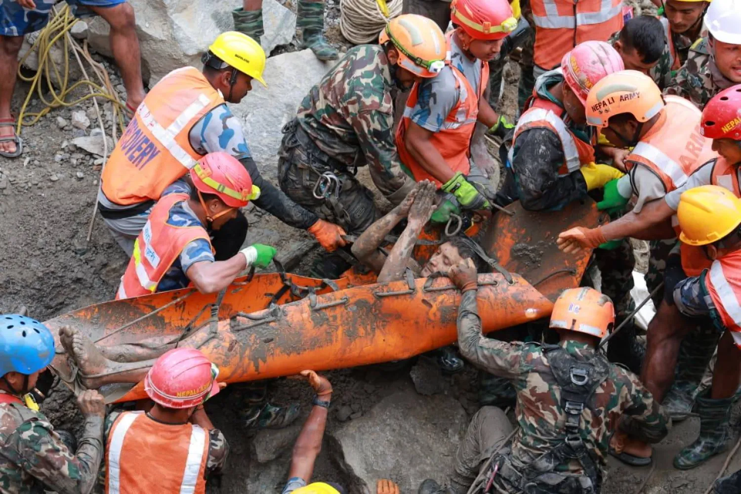 A handout photo made available by the Nepali Army shows a worker rescued from a hydropower tunnel following flash floods in Rasuwa district, Nepal, 04 September 2026. EPA/Nepali Army HANDOUT Handout