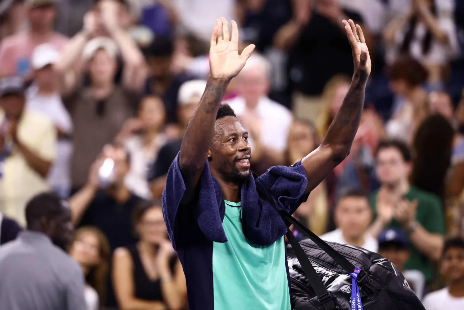 France's Gael Monfils waves to the crowd after loosing his men's singles second round tennis match against USA's Learner Tien on day five of the US Open tennis tournament at the USTA Billie Jean King National Tennis Center in New York City on September 3, 2026. (Photo by CHARLY TRIBALLEAU / AFP)