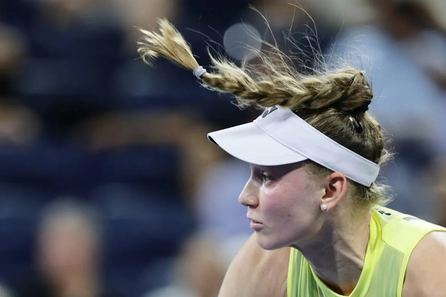 Elena Rybakina, of Kazakhstan, ponytail flies as she serves to Jessica Bouzas Maneiro, of Spain, during the second round of the U.S. Open tennis championships, Thursday, Sept. 3, 2026, in New York. (AP)