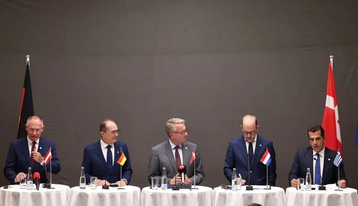 Denmark's Minister for Immigration and Integration Morten Boedskov, Netherlands' Minister for Asylum and Migration and Deputy Prime Minister Bart van den Brink, Germany's Minister of the Interior Alexander Dobrindt, Austria's Minister of the Interior Gerhard Karner, and Greece's Minister for Asylum and Migration Thanos Plevris attend a press conference after a meeting of the Ministers for Immigration and Integration from the Five Country Group in Copenhagen, Denmark, September 4, 2026. (Reuters)