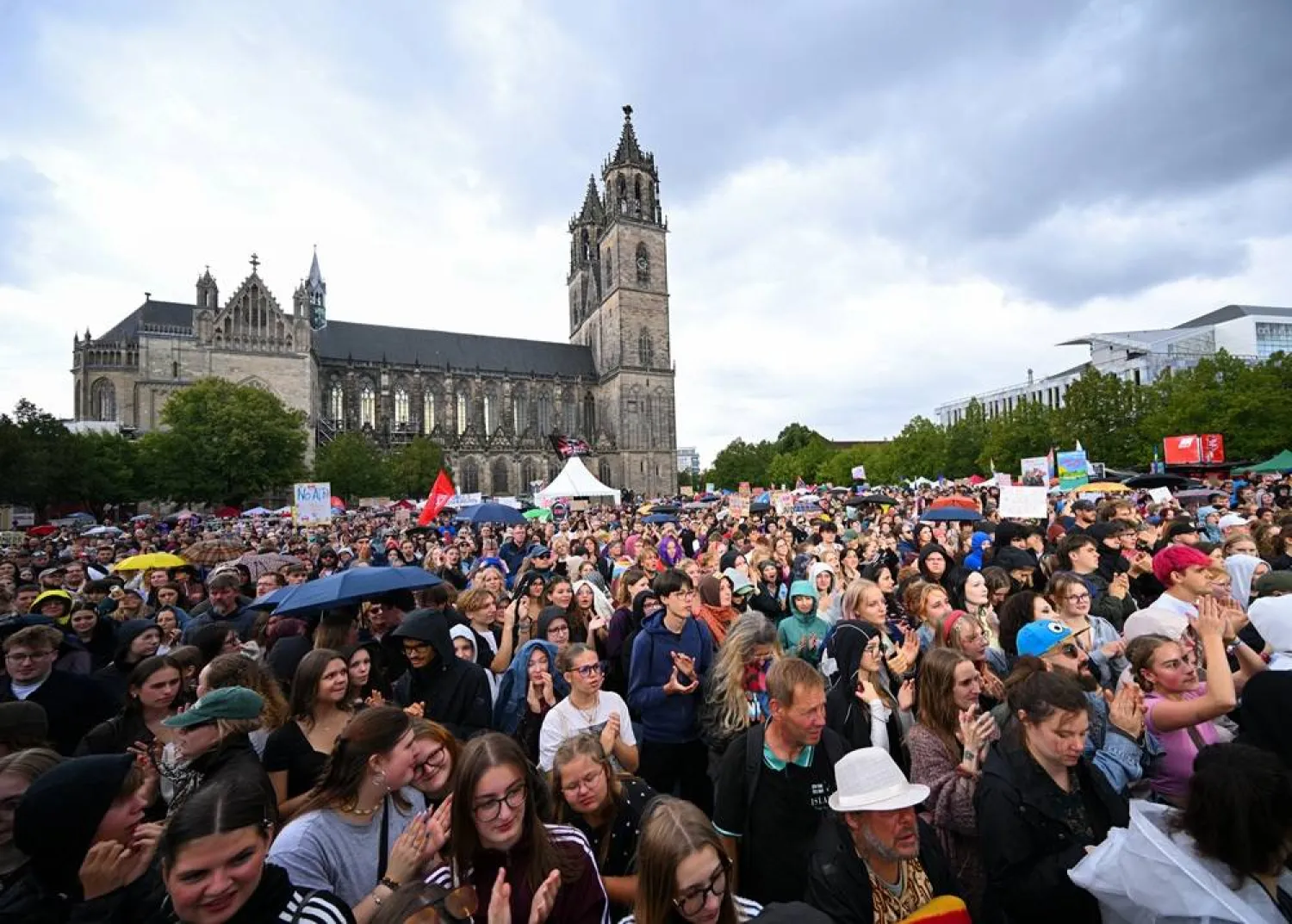 People attend a demonstration as part of a democracy festival, a day before the Saxony-Anhalt state election, in Magdeburg, Germany, September 5, 2026. (Reuters)