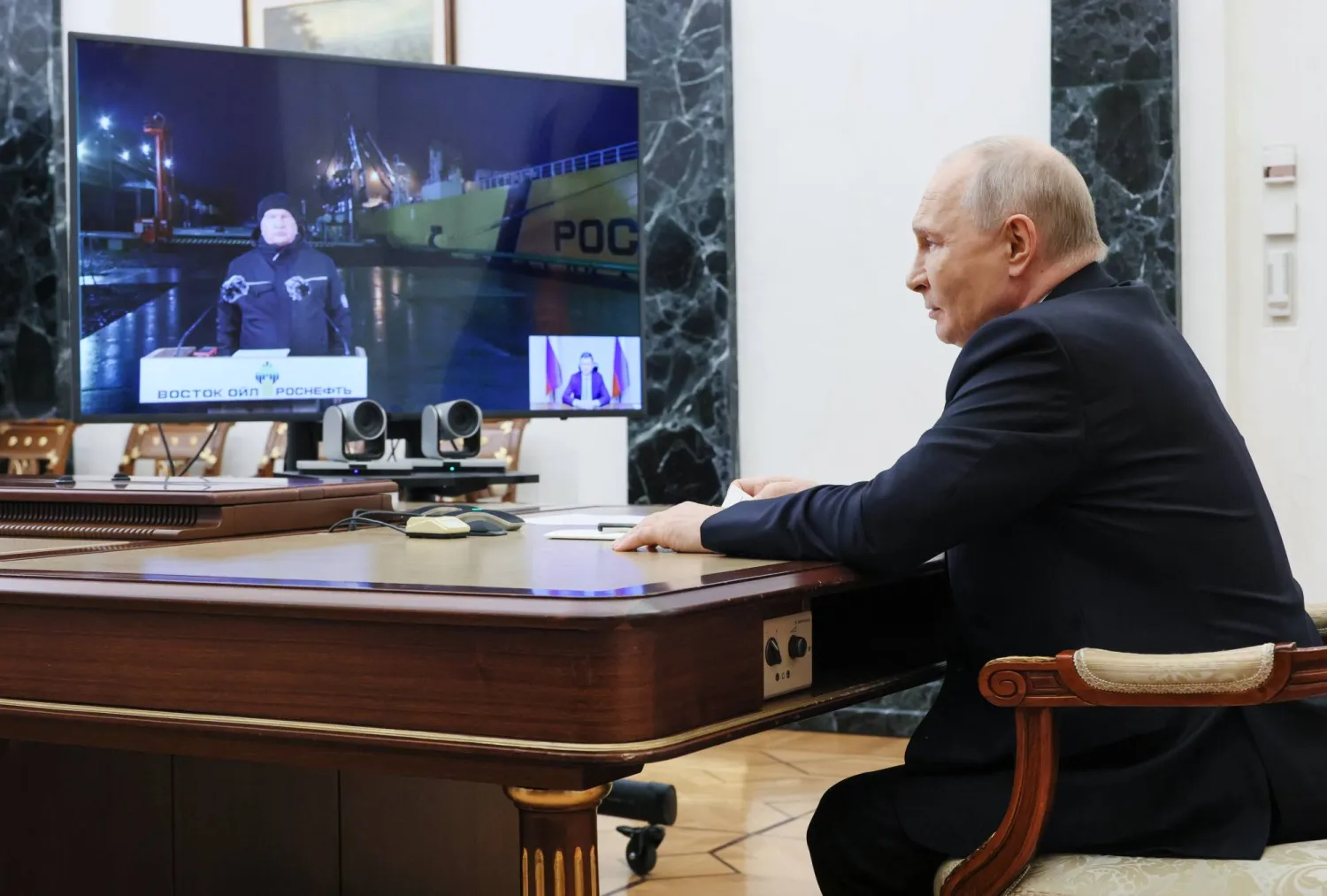 Russian President Vladimir Putin attends via video link the launch of the main pipeline of Rosneft's Vostok Oil project to the Sever Bay port terminal for tanker loading at the Kremlin in Moscow, Russia, 05 September 2026.  EPA/MIKHAIL METZEL/SPUTNIK/KREMLIN POOL  