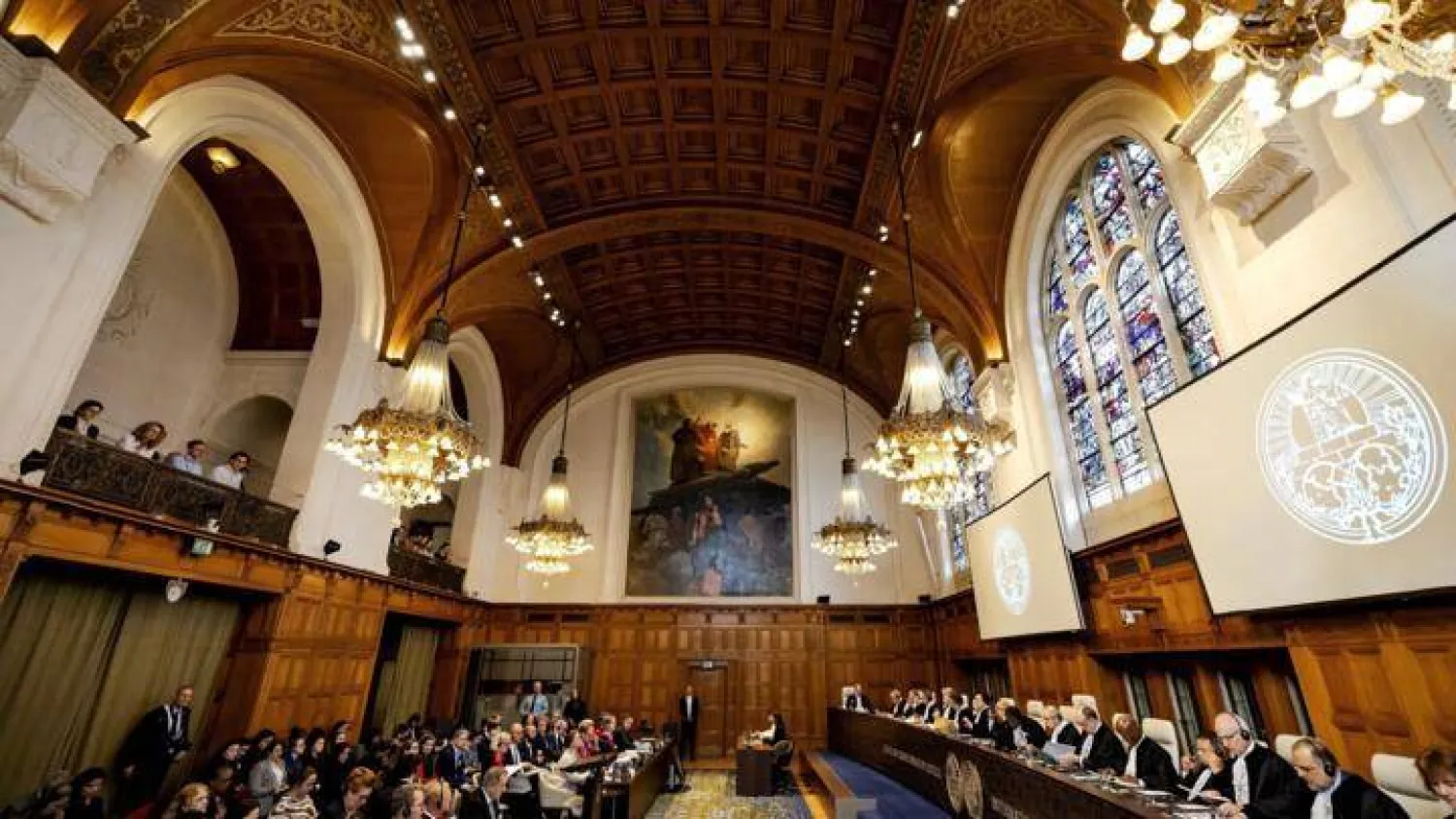 An overview of the court during a hearing at the International Court of Justice (ICJ) filed by Nicaragua against Germany over the financial and military aid that the European country provides to Israel and the lifting of subsidies to the aid organization UNRWA, in the Hague on April 8, 2024.  Robin Van Lonkhuijsen, AFP
