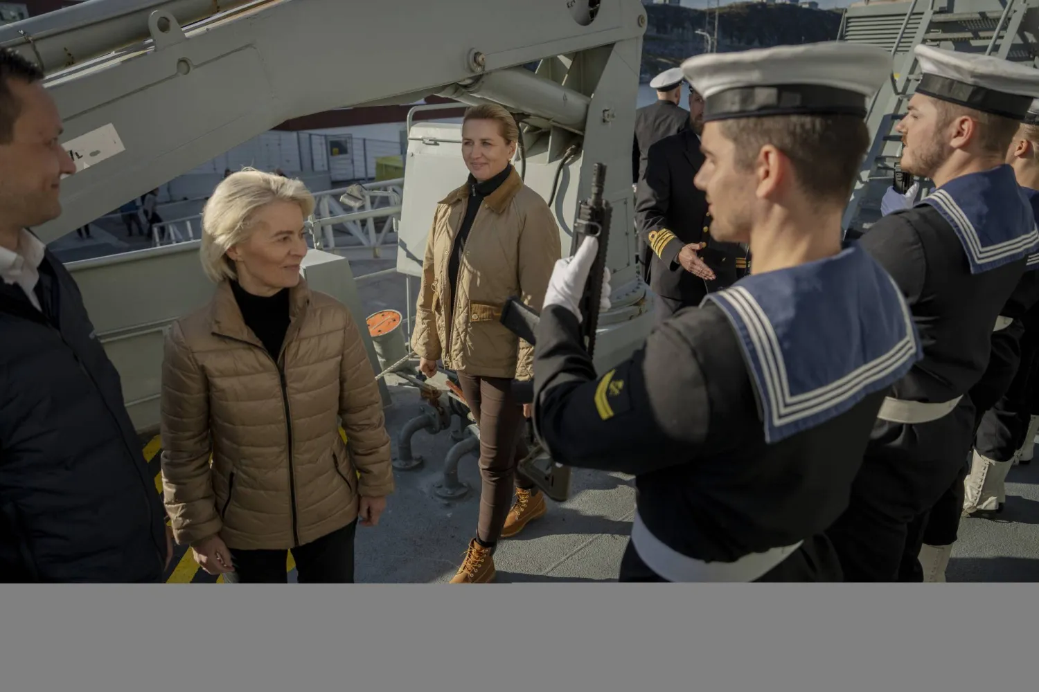 Danish Prime Minister Mette Frederiksen (R), President of the European Commission Ursula von der Leyen (C), and Greenland's government leader Jens-Frederik Nielsen (L) visit the inspection ship Thetis in Nuuk, Greenland, 06 September 2026. EPA/Mads Claus Rasmussen  DENMARK OUT