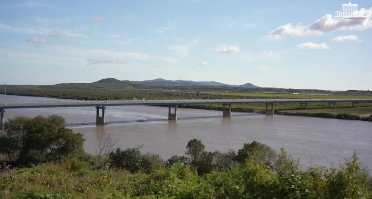 The first road bridge between Russia and North Korea across the Tumen River, locally known as Tumannaya, on the border with North Korea in the Primorsky region, Russia, in this still image from a video released September 7, 2026. Russian Government/Handout via REUTERS 
