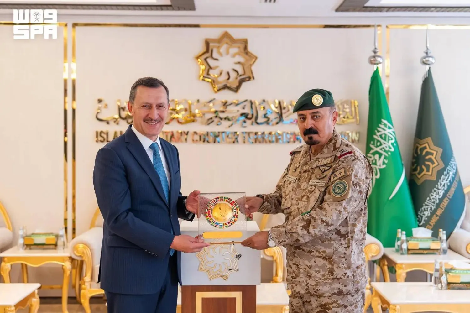 Secretary-General of the Islamic Military Counter Terrorism Coalition (IMCTC) Major General Mohammed Al-Moghedi meets with Turkish Ambassador to Saudi Arabia Emrullah Isler on Monday. (SPA)