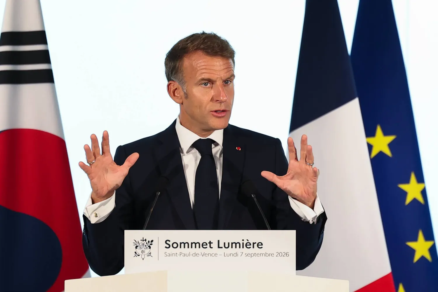 France's President Emmanuel Macron addresses the audience during the opening plenary session of the "Lumière Summit" meeting on the future of cinema and the moving-image industry at the Maeght Foundation in Saint-Paul-de-Vence, southeastern France, Monday, Sept. 7, 2026. (Valery Hache/Pool Photo via AP)