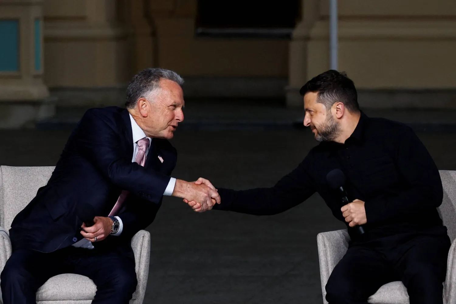 Ukraine's President Volodymyr Zelenskiy and US Special Envoy Steve Witkoff shake hands after a joint news conference with Jared Kushner, US President Donald Trump's son-in-law (not pictured), amid Russia's attack on Ukraine, in Kyiv, Ukraine September 6, 2026. (Reuters)