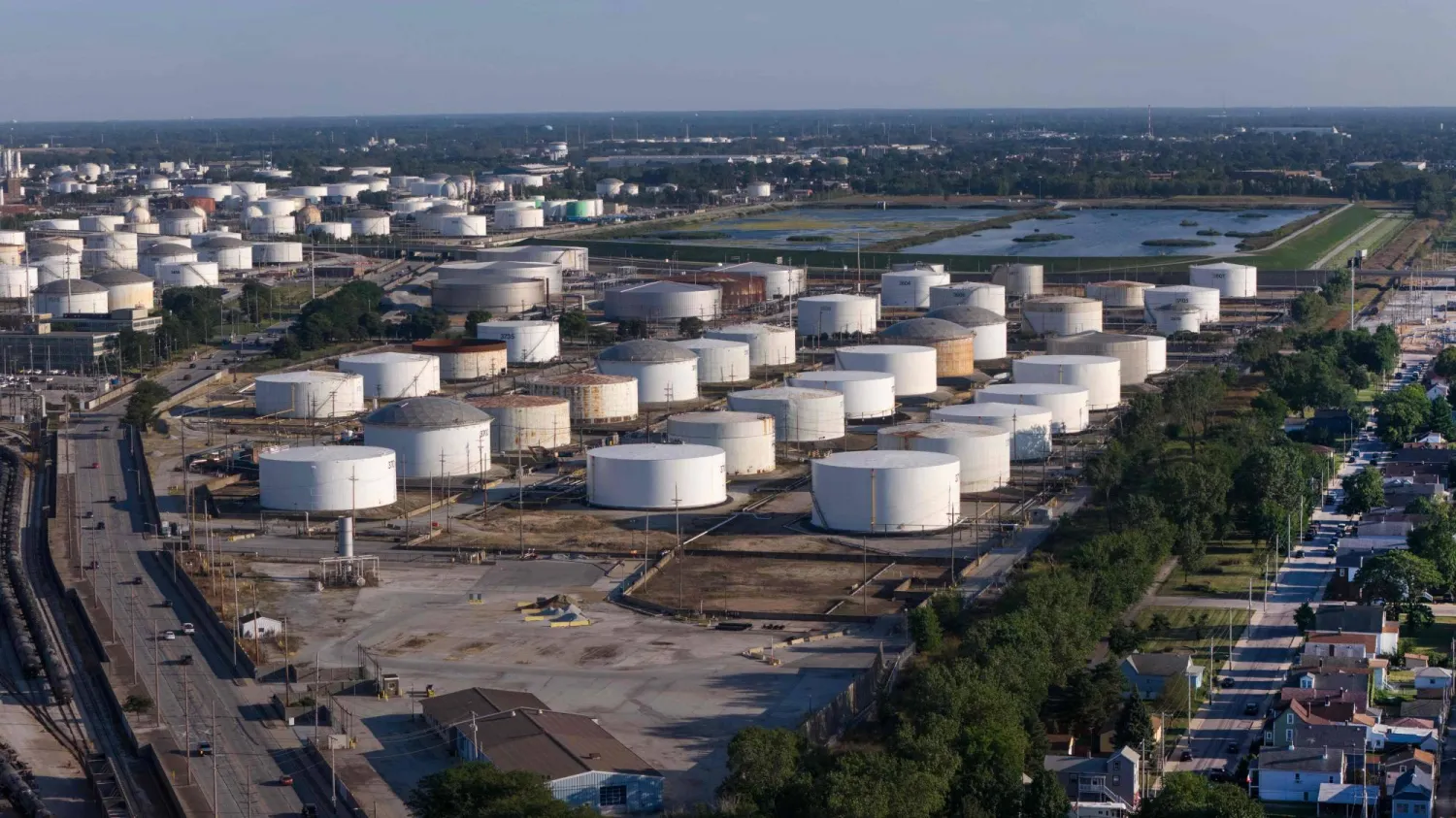 An aerial view shows storage tanks at the sprawling BP refinery on September 08, 2026 in Whiting, Indiana. (Getty Images/AFP)