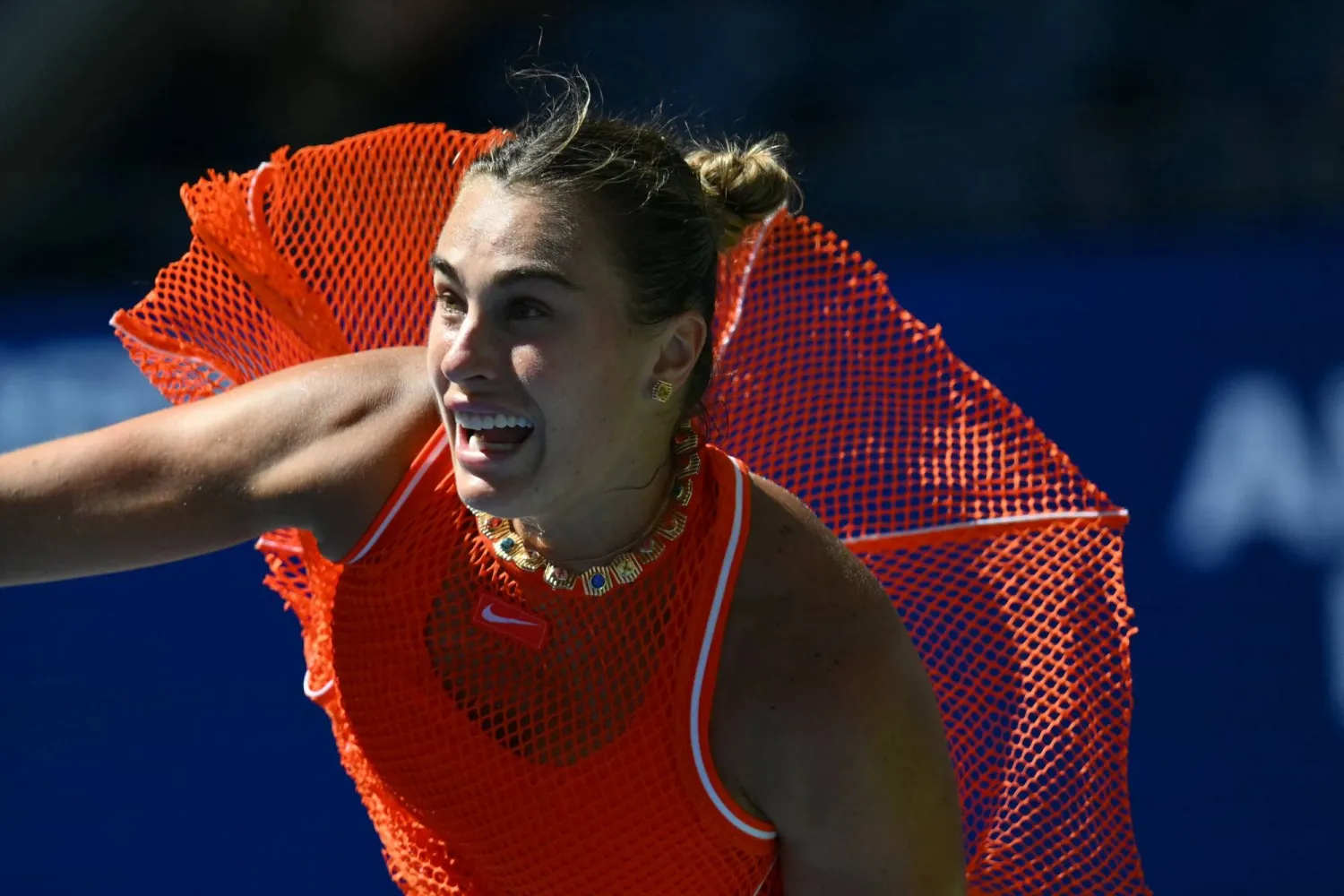 Belarus's Aryna Sabalenka hits a return to Czech Republic's Linda Noskova during their women's singles quarterfinal tennis match on day ten of the US Open tennis tournament at the USTA Billie Jean King National Tennis Center in New York on September 8, 2026. (AFP)