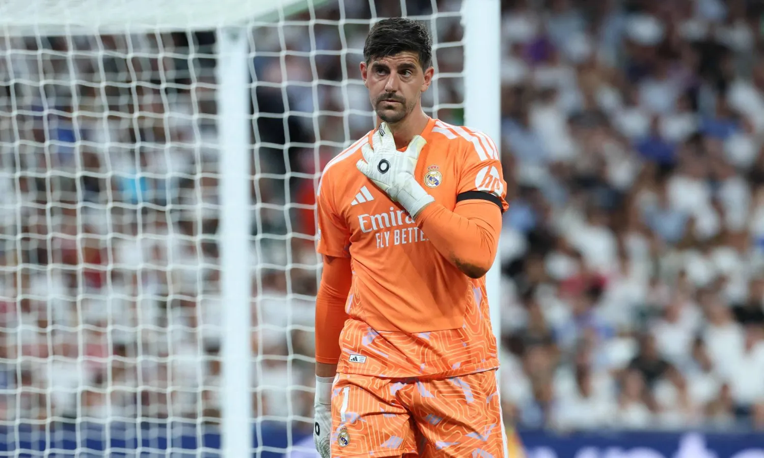 Real Madrid's Belgian goalkeeper #01 Thibaut Courtois gestures after recovering from an injury during the UEFA Champions League first round day 1 football match between Real Madrid and Inter Milan at the Santiago Bernabeu stadium in Madrid on September 8, 2026. (AFP)