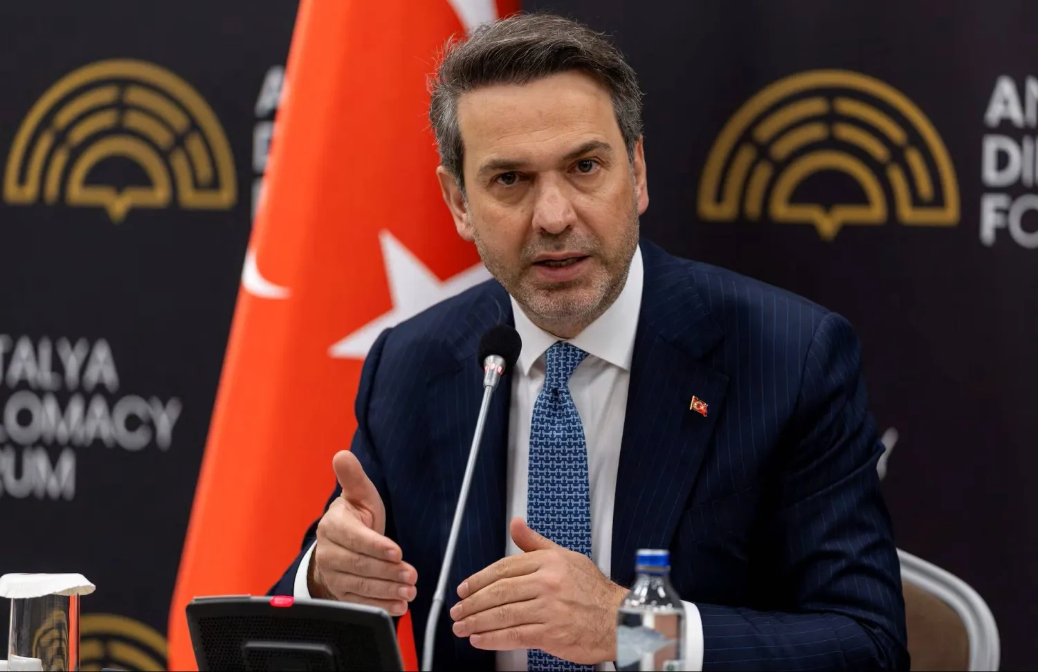 Türkiye's Energy Minister Alparslan Bayraktar speaks as he meets with reporters at Antalya Diplomacy Forum in Antalya, Türkiye, April 18, 2026. (Reuters)