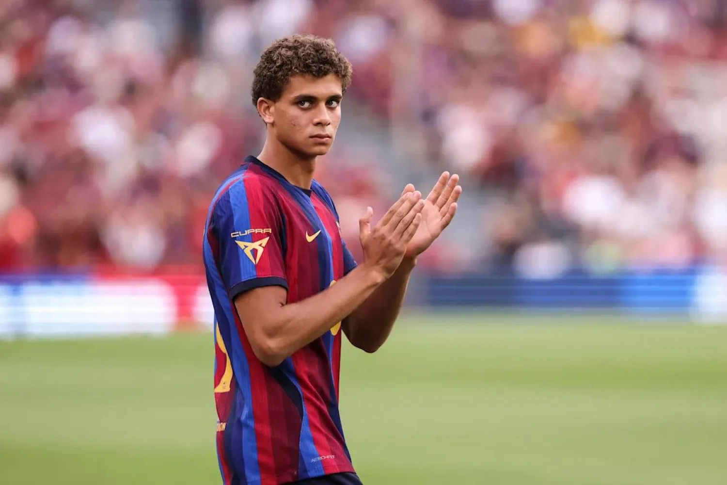 Hamza Abdelkarim of FC Barcelona salutes fans during presentation the Joan Gamper Trophy, football match played between FC Barcelona and Al-Ahly FC at Spotify Camp Nou stadium on August 19, 2026, in Barcelona, Spain. (Europa Press via Getty Images) 