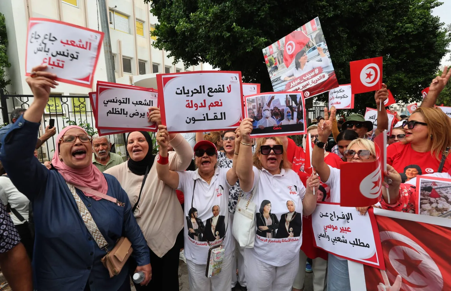 جانب من احتجاجات أنصار الحزب الدستوري الحر في تونس العاصمة (إ.ب.أ)