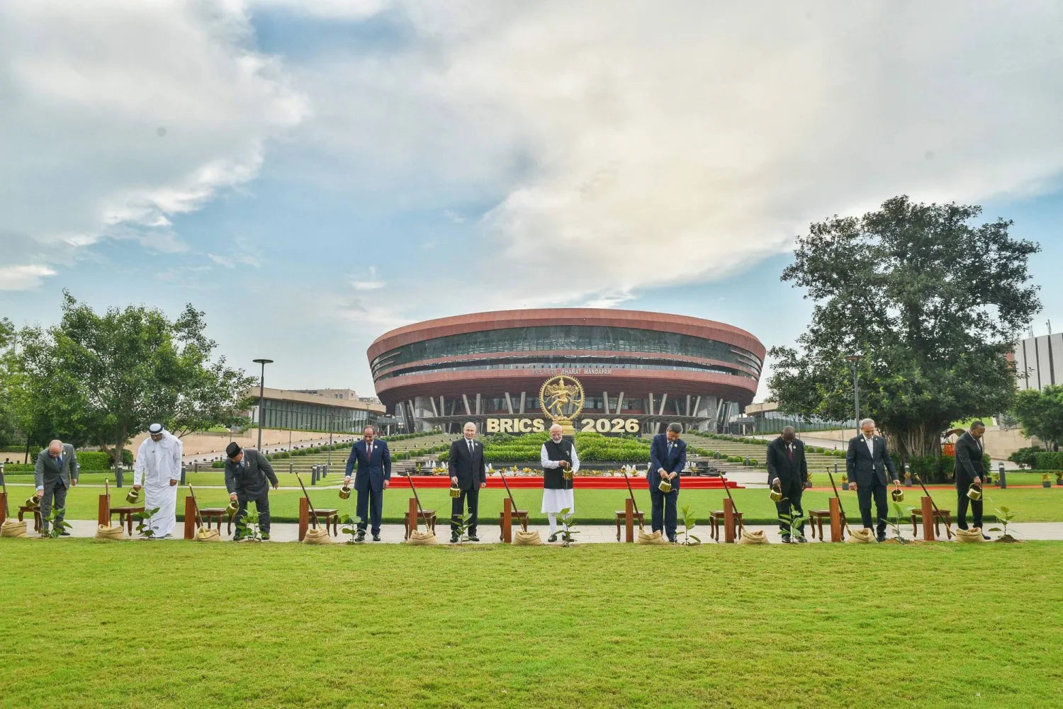 A handout photo made available by India’s Ministry of External Foreign Affairs shows BRICS leaders planting trees during the 18th BRICS Leaders' Summit in New Delhi, India, 12 September 2026. EPA/INDIAN MINISTRY OF EXTERNAL FOREIGN AFFAIRS/HANDOUT