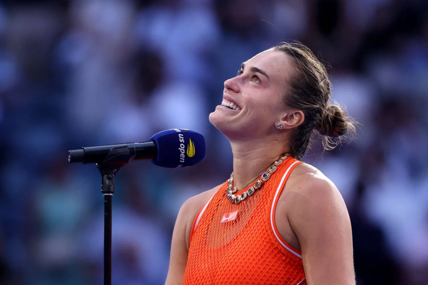  Aryna Sabalenka is interviewed after being defeated by Elena Rybakina of Kazakhstan in their Women's Singles Final match on Day Fourteen of the 2026 US Open at USTA Billie Jean King National Tennis Center on September 12, 2026 in the Flushing neighborhood of the Queens borough of New York City. (Getty Images/AFP)