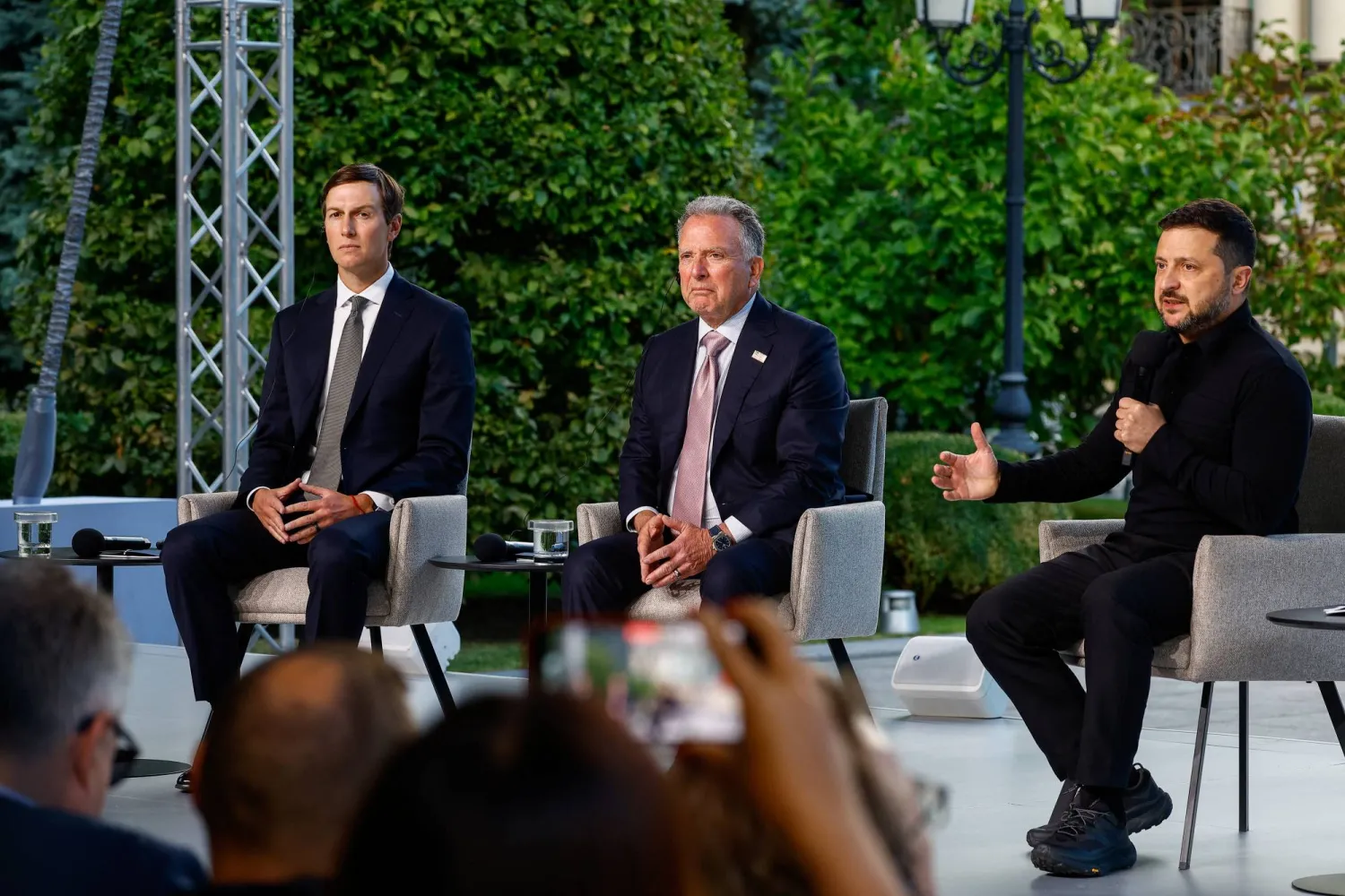 Ukraine's President Volodymyr Zelenskyy, US President Donald Trump's son-in-law Jared Kushner and US Special Envoy Steve Witkoff attend a press conference, amid Russia's attack on Ukraine, in Kyiv, Ukraine September 6, 2026. (Reuters) 