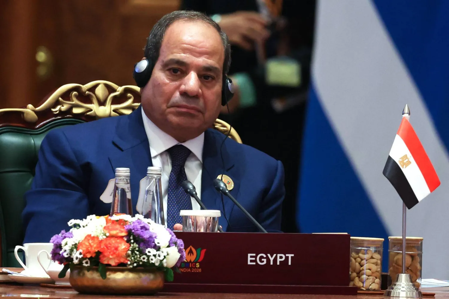 In this pool photograph distributed by the Russian state agency Sputnik, Egypt's President Abdel Fattah al-Sisi attends the 18th BRICS Summit in New Delhi on September 13, 2026. (Alexander Kazakov / POOL / AFP) 