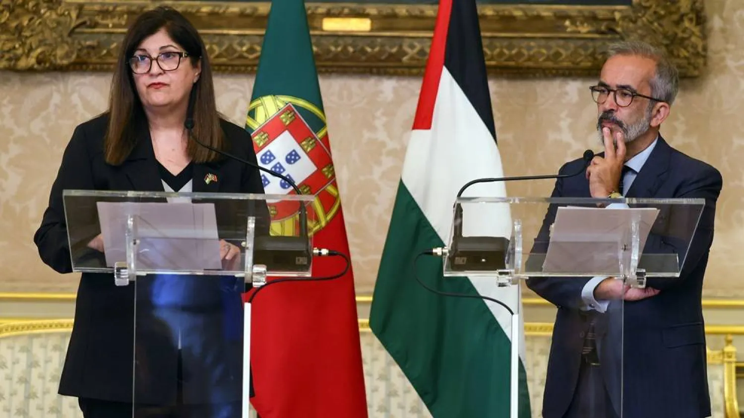 Palestinian Foreign Affairs and Expatriates Minister Varsin Aghabekian Shahin (L) and Portuguese Foreign Minister Paulo Rangel (R) attend a press conference after a meeting at Necessidades Palace in Lisbon, Portugal, 14 September 2026. (EPA)