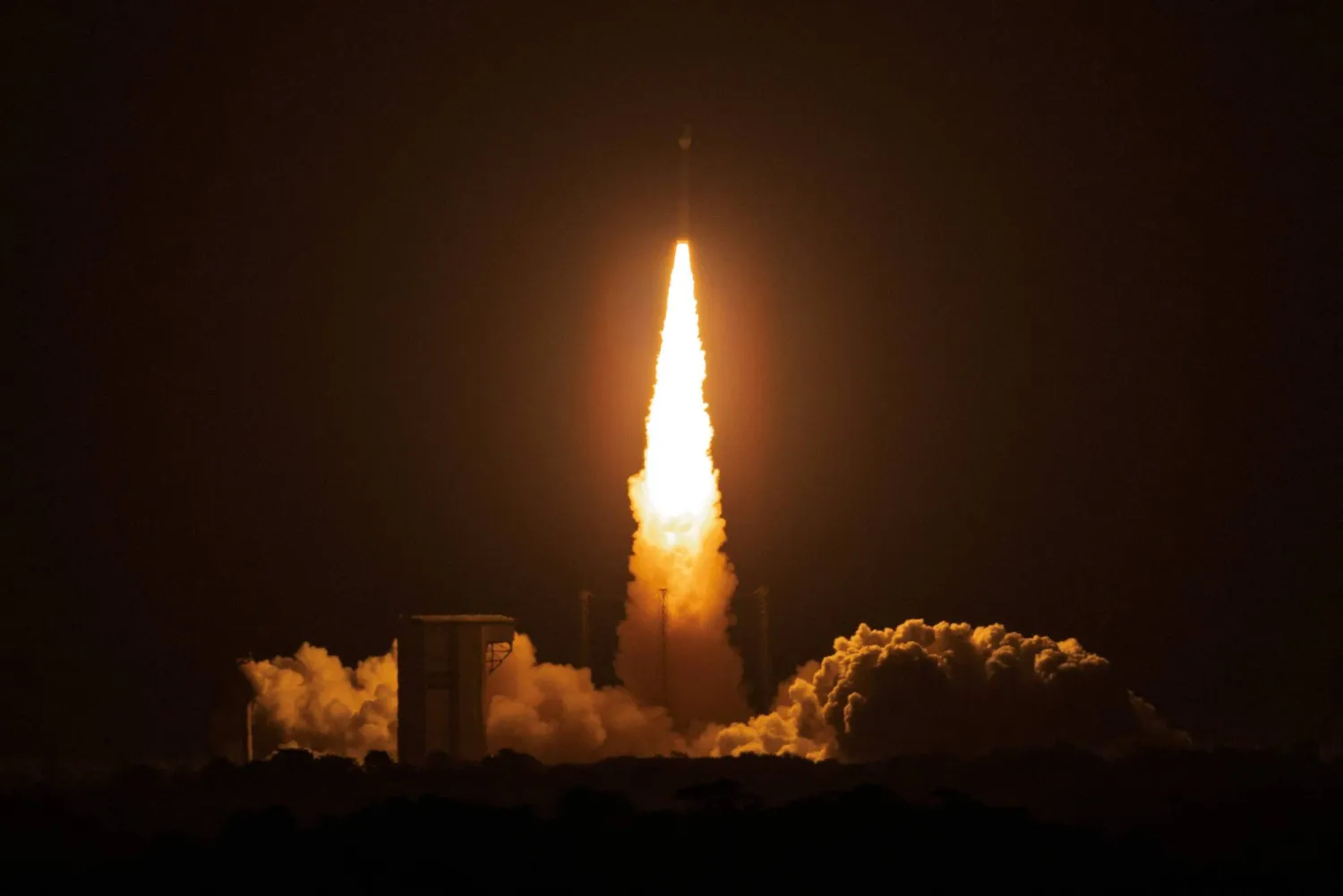 A Vega-C rocket carrying European satellites FLEX and Sentinel-3C lifts off from the Guiana Space Center in Kourou, French Guiana, on September 15, 2026. (AFP)