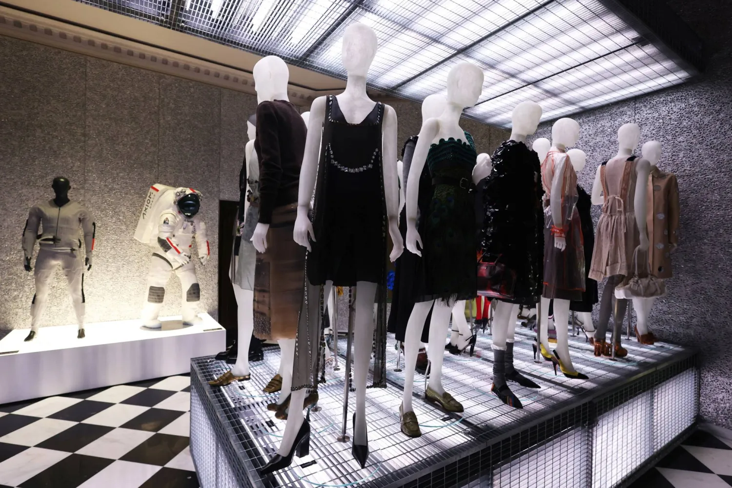  Mannequins display Prada creations at the "Pradasphere" permanent exhibition, which traces the history of the brand, at Galleria Vittorio Emanuele II, in Milan, Italy, September 15, 2026. (Reuters)