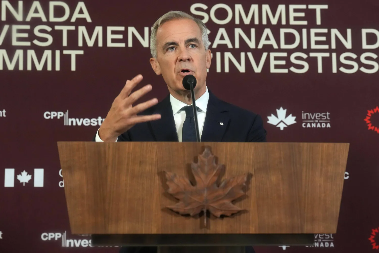 Canadian Prime Minister Mark Carney speaks during a news conference at the 2026 Canada Investment Summit in Toronto, on Tuesday, Sept. 15, 2026. (Nathan Denette/The Canadian Press via AP) 