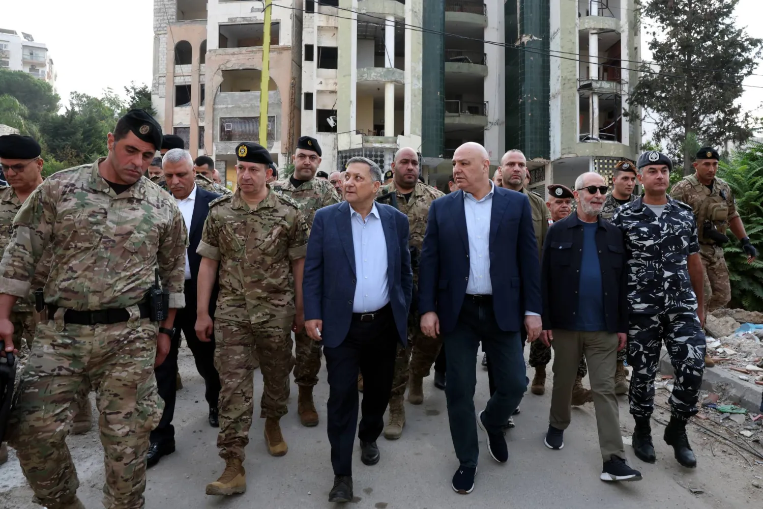 A handout photo made available by the Lebanese Presidency press office shows Lebanese President Joseph Aoun (4-L) during a visit to southern Lebanon, 12 September 2026. (Lebanese Presidency press office)