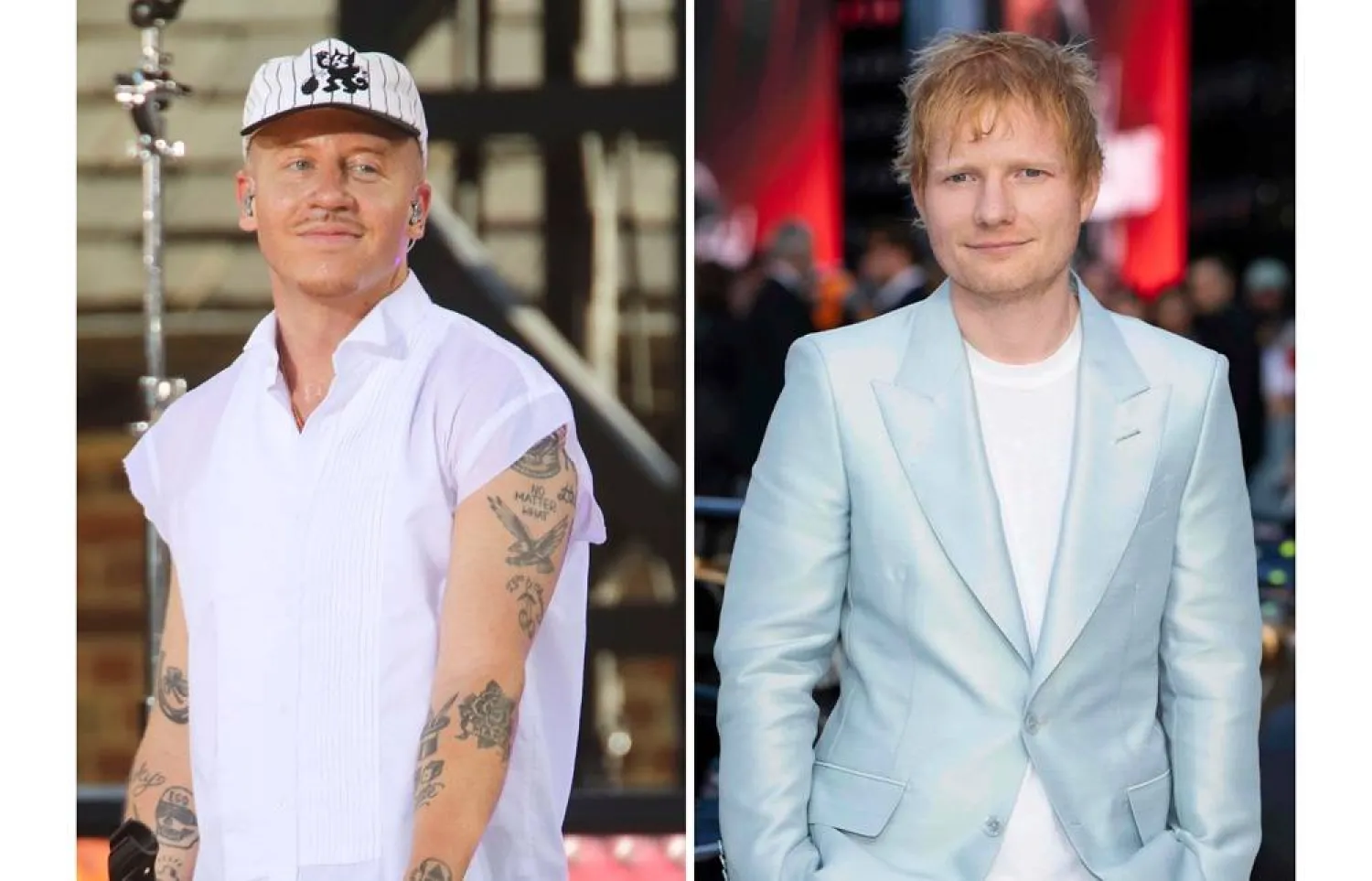  Recording artist Macklemore appears on ABC's "Good Morning America" Summer Concert Series in Central Park in New York on July 22, 2022, left, and Ed Sheeran appears at the premiere of the film "F1 The Movie" in London on June 23, 2025. (AP) 