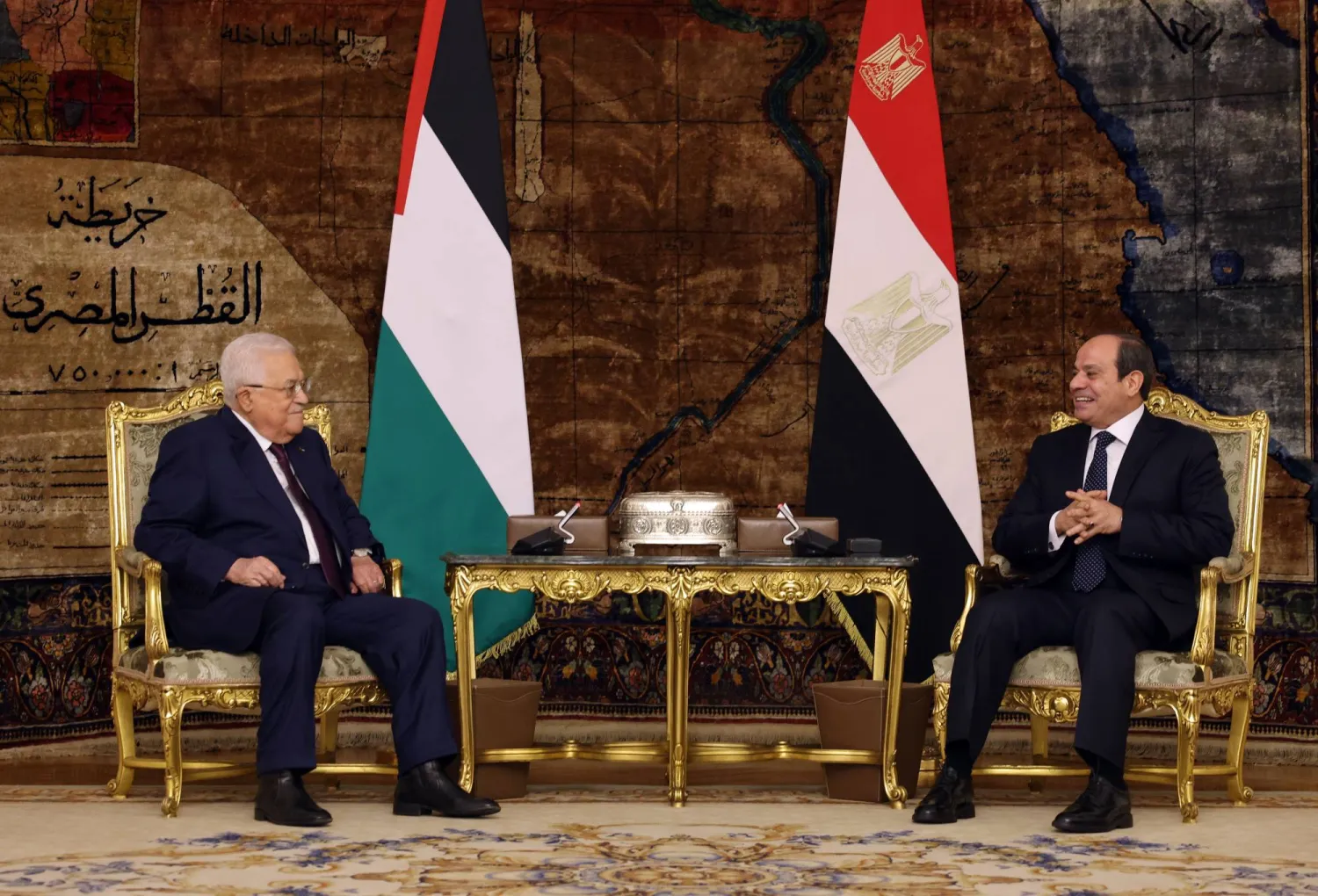 A handout photo made available by the Palestinian President Office (PPO) shows Palestinian President Mahmoud Abbas (L)  meeting with the Egyptian President Abdel Fattah al-Sisi  (R) in Cairo, Egypt, 08 January 2024.File / EPA
