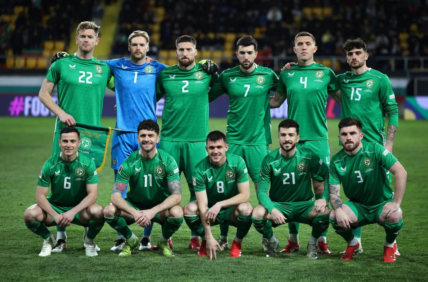 Football - Nations League - Play-offs - First Leg - Bulgaria v Republic of Ireland - Stadion Hristo Botev, Plovdiv, Bulgaria - March 20, 2025 Republic of Ireland players pose for a team group photo before the match. (Reuters) 