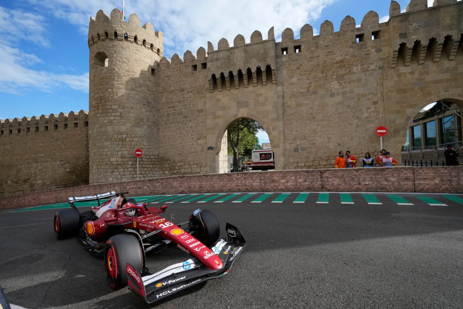 Ferrari driver Charles Leclerc, of Monaco, steers through a turn during qualifying for the Azerbaijan Formula One Grand Prix auto race in Baku, Azerbaijan, Sept. 20, 2025. (AP)