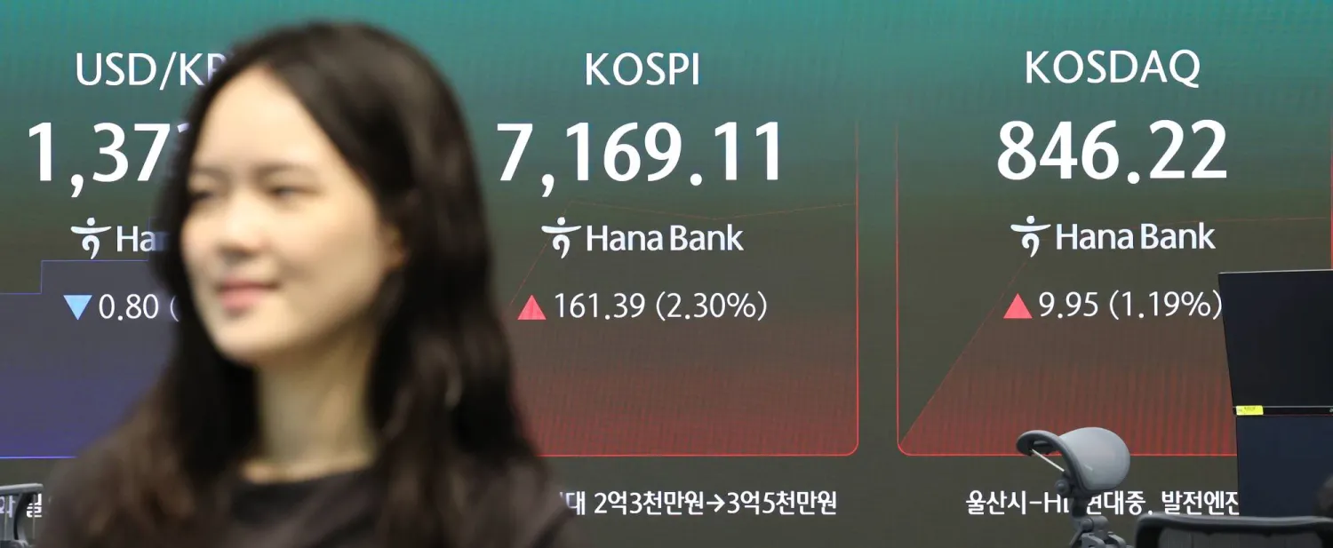 شاشة بيانات مالية في غرفة تداول بنك هانا تظهر ارتفاع مؤشر أسعار الأسهم الكوري المركب (إ.ب.أ)