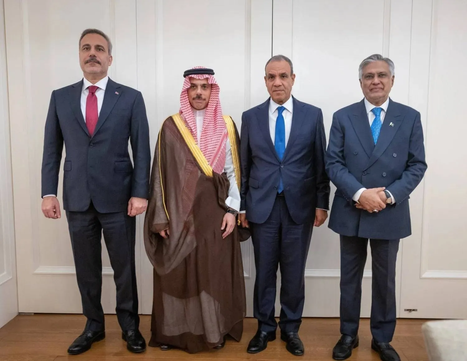 The foreign ministers of Saudi Arabia, Egypt, Pakistan and Türkiye meet in New York. (SPA)