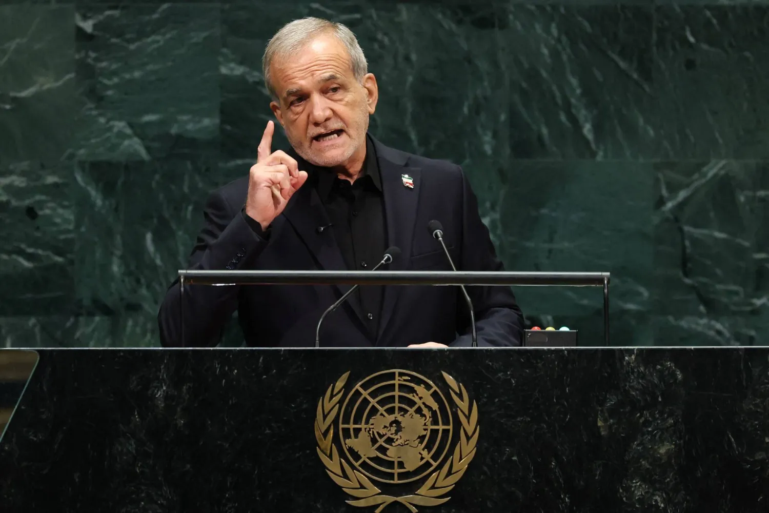 Iran's President Masoud Pezeshkian speaks during the 81st United Nations General Assembly at the United Nations Headquarters in New York, on September 23, 2026. (Photo by TIMOTHY A. CLARY / AFP)