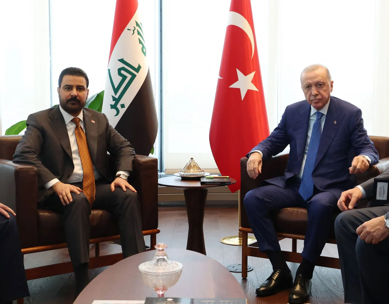 This handout photograph taken and released by Turkish Presidency Press Office on September 23, 2026, shows Turkish President Recep Tayyip Erdogan (R) meeting with Prime Minister of Iraq Ali al-Zaidi on the sidelines of the 81st United Nations General Assembly in New York. (Photo by Handout / Turkish Presidential Press Service / AFP) 