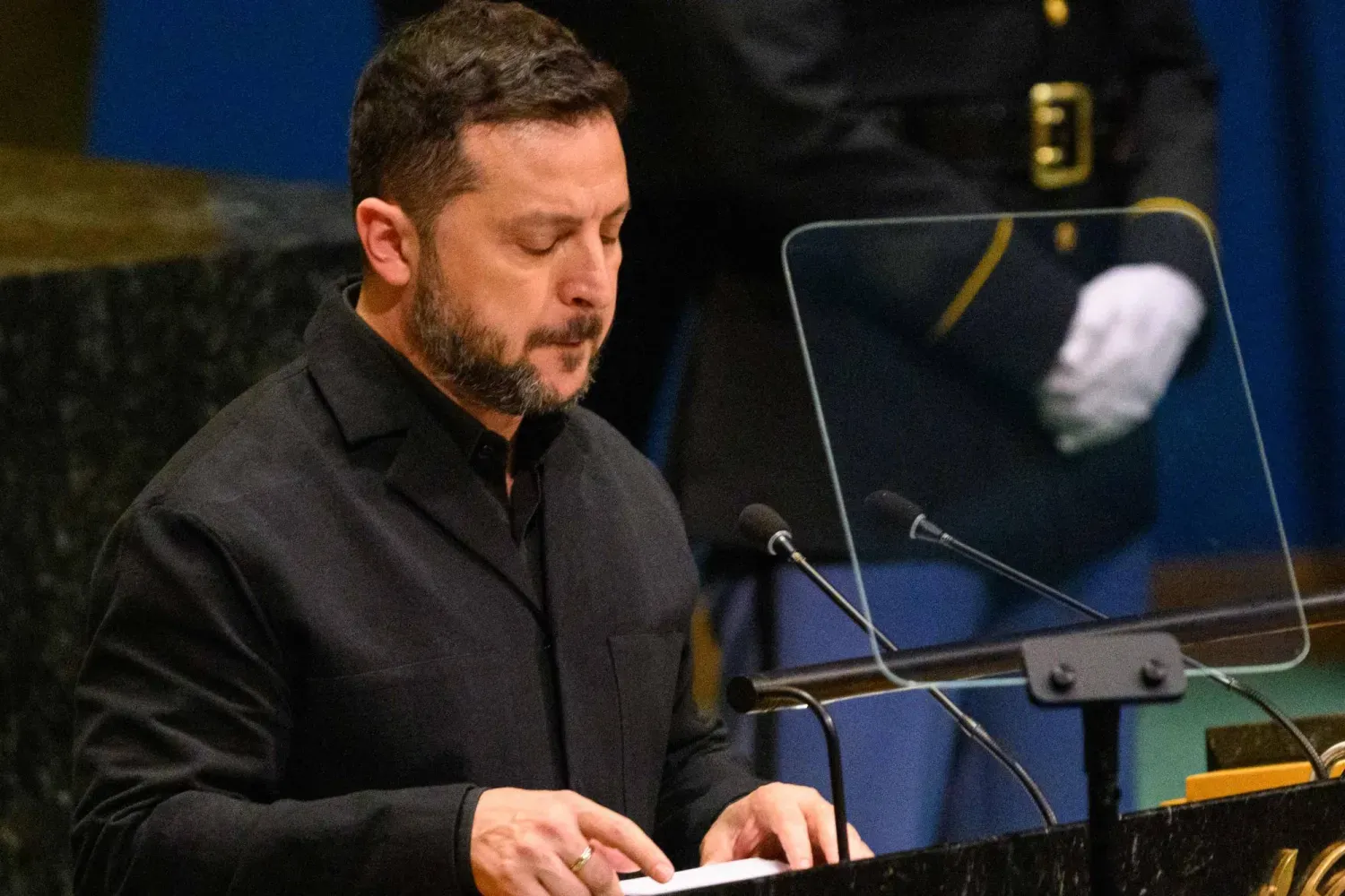 Ukrayna Devlet Başkanı Volodimir Zelenskiy, Birleşmiş Milletler Genel Kurulu’nda yaptığı konuşma sırasında (AFP)